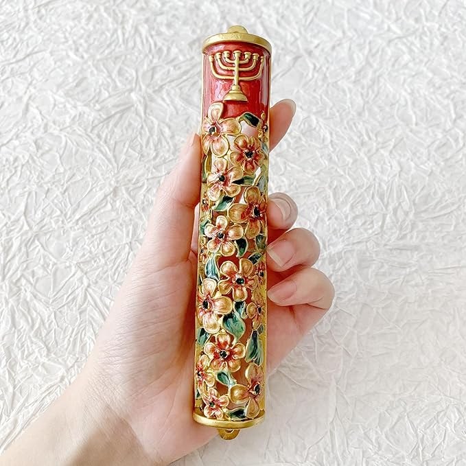 Hand Painted Mezuzah, Exquisite Enamel Mezuzah with Menorah and Pomegranate Motifs