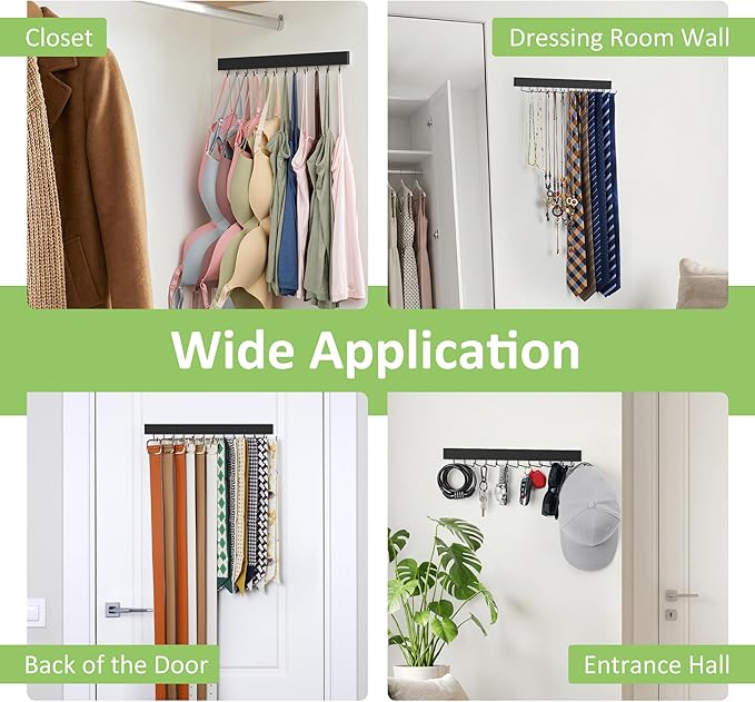 2 Pack Tie Rack Wall Mounted Belt Organizer for Men, Wooden Tie Hanger for Wall Closet with 24 Non-Slip Rotating Hooks Necktie Storage Space Saving, Black