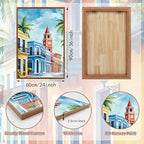 KAlRNE Vintage Cityscape Framed Canvas Wall Art Set of 3(24”X36”),Watercolor Street Scenery Wall Decor,Colorful Tropical Building Painting,Texture Botanical Art Prints For Living Room Bedroom Office