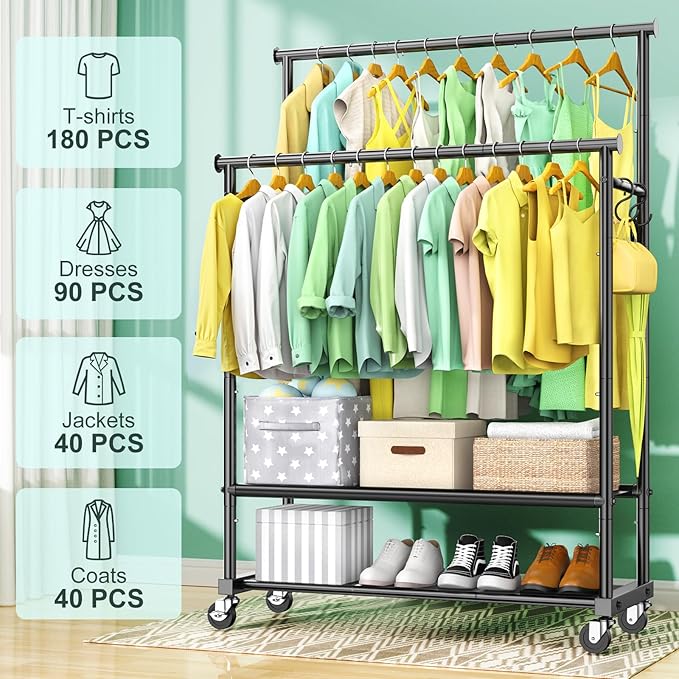 Clothes Rack with Double Rod for Hanging, Heavy Duty Clothing Rack Load 350 LBS with Lockable Wheel, Free Standing Garment Rack with 2 Shelves and Side Hooks for Home Commercial (Black)