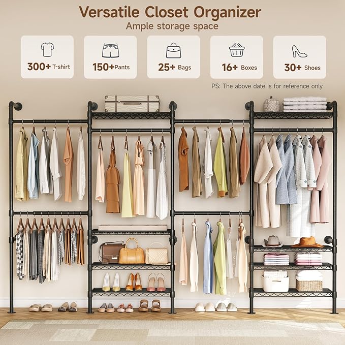 ONBRILL H4 Wall Mounted Closet System, Expandable Industrial Pipe Clothes Rack Clothing Rack for Hanging Clothes, Heavy Duty Closet Organizers and Storage in Wardrobe Closet