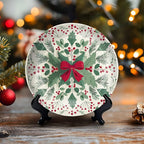 HABEN ARTWORK 10" Ceramic Plates for Display Festive Christmas Holly Red Berries Green Bow Snowflake Decorative Plate with Stand and Hook for Kitchen Dining Room Wall Hanging Decor