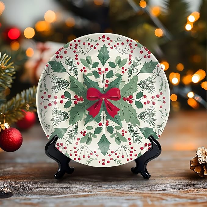 HABEN ARTWORK 10" Ceramic Plates for Display Festive Christmas Holly Red Berries Green Bow Snowflake Decorative Plate with Stand and Hook for Kitchen Dining Room Wall Hanging Decor