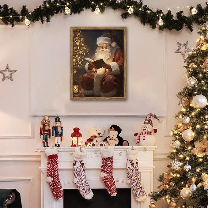 Framed Santa Christmas Wall Art, Vintage Santa Claus Reading Canvas Paintings, Christmas Print, Rustic Winter Holidays Decor, Farmhouse Christmas Pictures Wall Decor – 12x16in