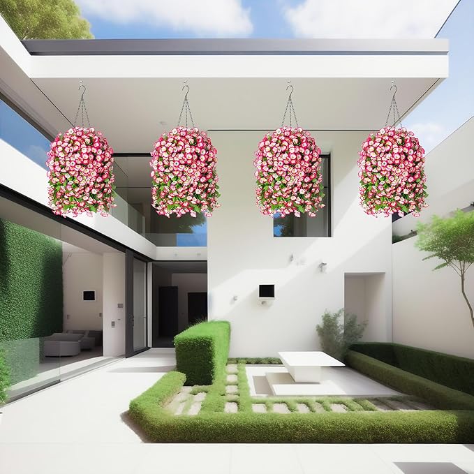 Artificial Faux Hanging Flowers Basket for Spring Summer Outdoor Porch Decor, Fake Silk Colorful Morning Glory Eucalyptus in Planter UV Resistant Look Real for Home Patio Balcony Yard(Pink)
