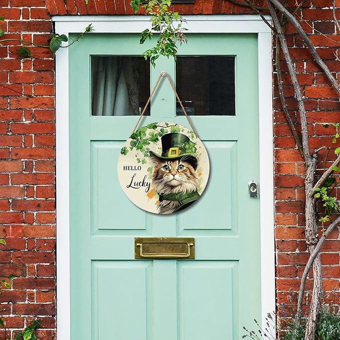 St. Patrick's Day Door Decoration for Home Cat Lucky Shamrock Wreath for Front Door Lucky Clover Cat Hanging Wall Sign Green Wreath Wooden Plaid Plaque for Porch Home Office Farmhouse 12"x12"