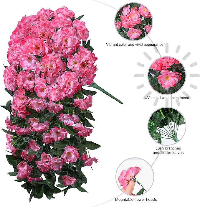 Ivydale Artificial Fake Flowers Geraniums for Outdoors Spring Summer Decor, 2 PCS Realistic Faux Hanging Plants UV Resistant Silk Flowers for Outsdie Planters Porch Patio Garden Outdoor Home, Fuchsia