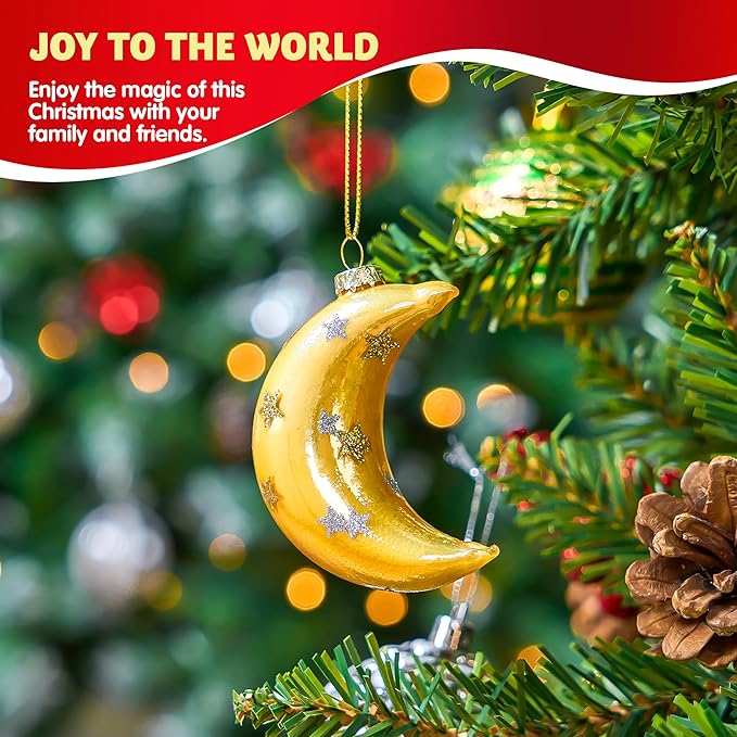 Joiedomi Christmas Moon Ornaments, Glitter Blown Glass Moon Decorations for Tree Hanging Ornament Outdoor Christmas Decorations Indoor