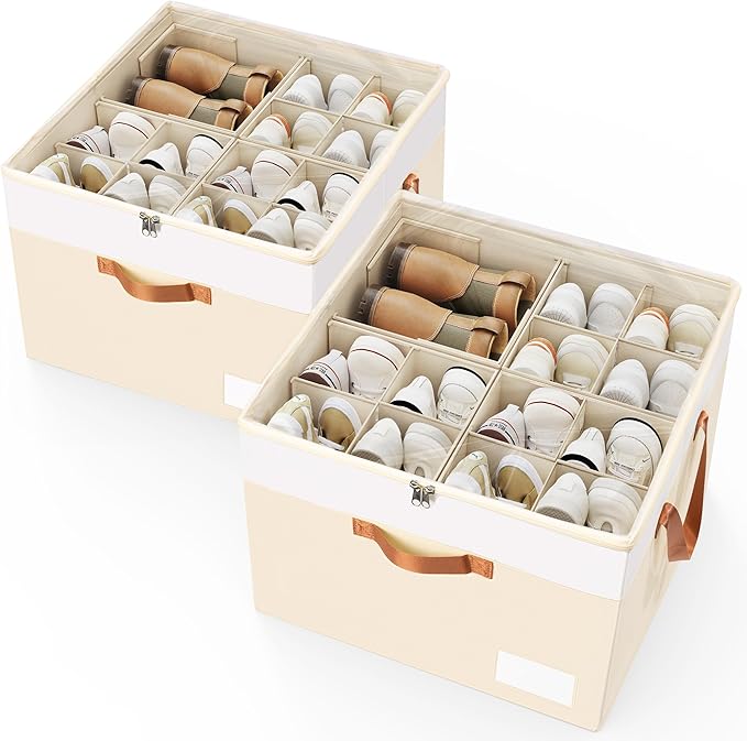 Criusia Shoe Organizer for Closet, 2 Pack Foldable Shoe Storage Organizer Box Bin with Adjustable Dividers and Clear Cover, Closet Shoe Storage for Sneakers Sandals Boots, Fit 16-32 Pairs, Beige