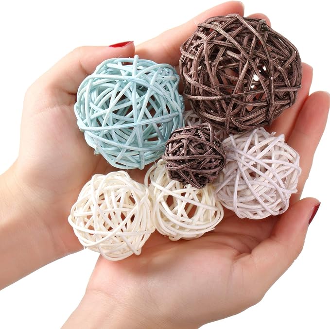 Patelai 36 Pcs Wicker Rattan Balls Decorative Balls for Vase Centerpiece Bowls Orbs Filler for Home Decor,4 Sizes(Blue, Brown, Dark Brown, White,2.8'',2.4'',2'',1.6'')