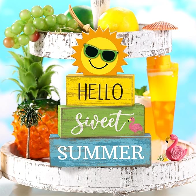 Yuntau 4 Pcs Summer Table Decoration Hello Sweet Summer Tiered Tray Decor Rustic Wood Flamingo Centerpiece Summertime Decorative Block Signs Farmhouse Tabletop Decor for Home Kitchen Shelf Office