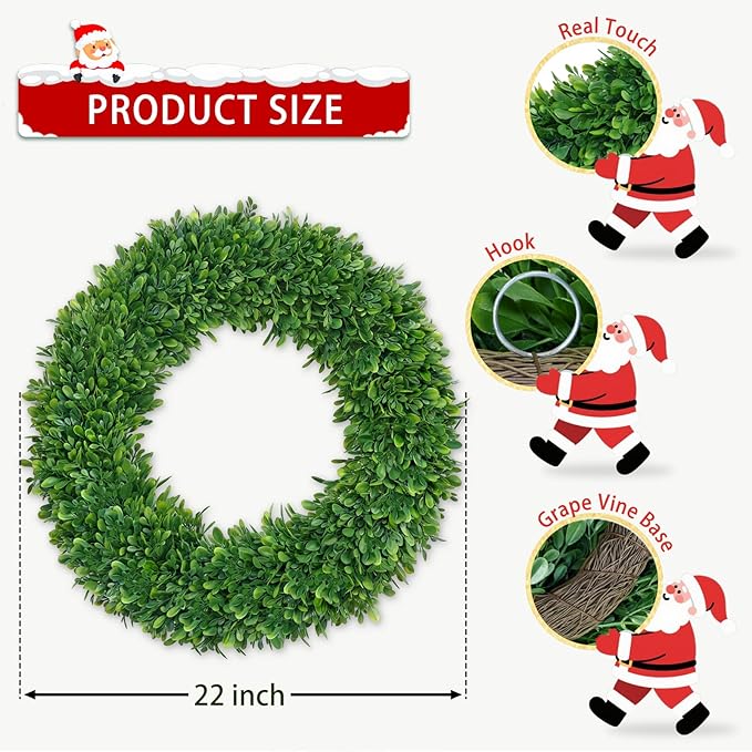 22 Inch Boxwood Wreath for Front Door Realistic with Welcome Sign Faux Easter Green Preserved Boxwood Wreaths Outdoor Spring Wreaths for Front Door Outside for Porch Farmhouse Wall Home Decor