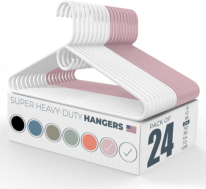 Neaties Super Heavy Duty Clothes Hangers 20 Pack (24 Count) – Made in the USA - 10lb Capacity, Thick Plastic Hangers for Pants, Coats, Jackets, Jeans and Adult Clothing – White & Pink