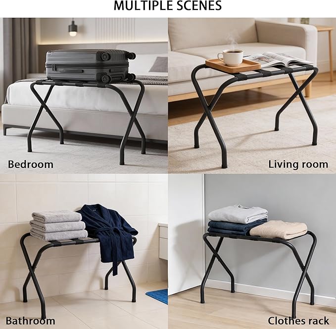 Folding Luggage Rack with Nylon Straps, Portable Suitcase Stand for Guest Room, Hotel, Bedroom, Camping, Travel Suitcase Holder, Black Metal Frame, 27.5 x 14.2 x 20.7 Inches