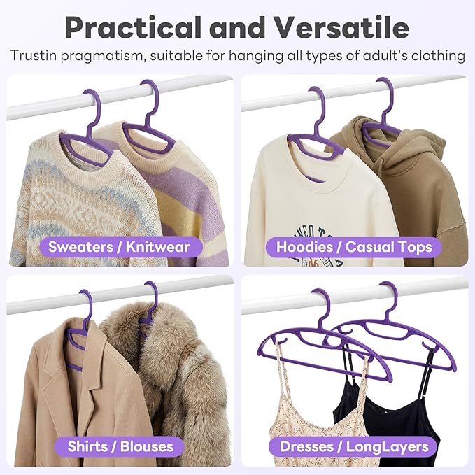 HOUSE DAY Plastic Clothes Hangers 36 Pack, Sweater Hangers No Shoulder Bump, Thick Heavy Duty Coat Hanger for Closet, Purple Wide Hanger with Non-Slip Hook for Sweaters, Suits, Dresses, Jackets, Pants
