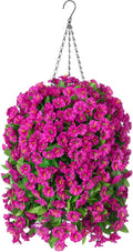 Artificial Faux Hanging Flowers Basket for Spring Summer Outdoor Porch Decoration, Fake Silk Colorful Morning Glory Eucalyptus in Planter UV Resistant for Home Balcony Yard(Red Purple)