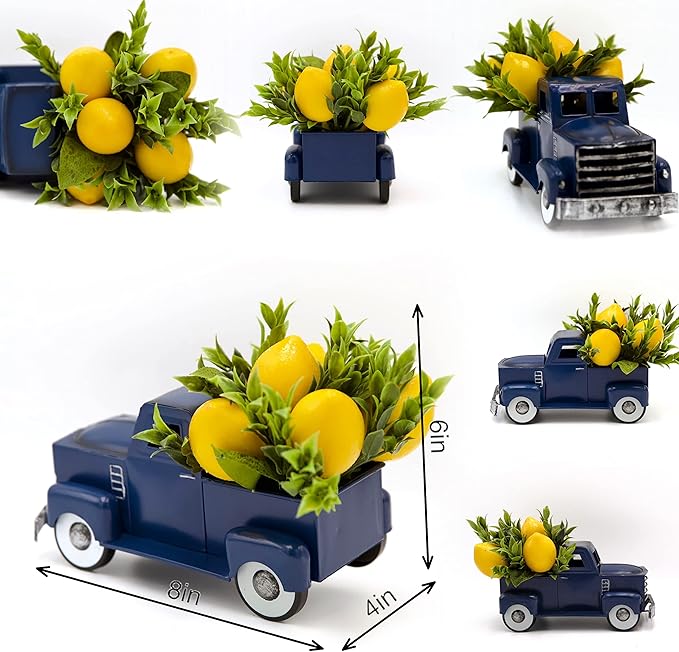 Navy Blue Metal Truck with Artificial Lemon Decor, Farmhouse Spring Summer Centerpiece for Kitchen and Dining Table, Small Ornament for Sidetable, Summer Theme Tiered Tray Decor, 8-inch…