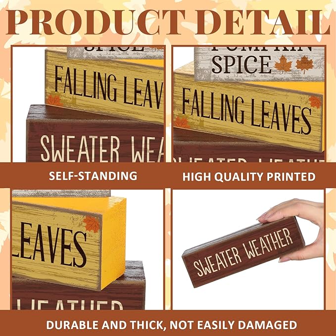 Lineshading 4 Pcs Fall Pumpkin Decor Fall Table Decoration Thanksgiving Tiered Tray Decor Thanksgiving Centerpiece Rustic Decorative Pumpkin Block Sign Gift Farmhouse Autumn Table Sign for Home