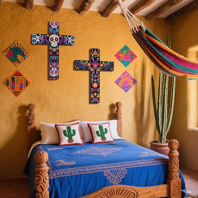 Pinkunn 2 Pcs Mexican Cross Wall Decor Floral Day of The Dead Decoration Hand Painted Wood Wall Art Dia De Muertos Altar Decorations Spanish Cross Decor for Home(Sugar Skeleton)