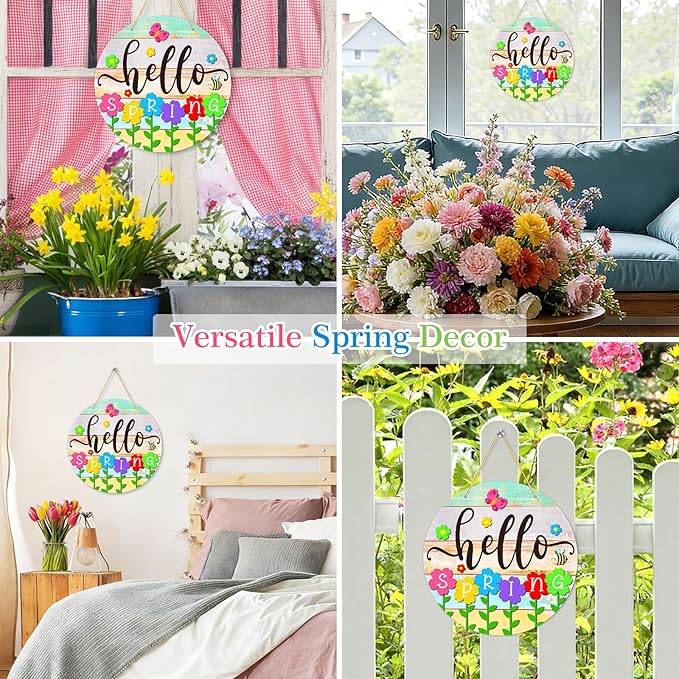 PETCEE Hello Spring Door Sign - 11.5" Colorful Flowers Spring Sign for Front Door Welcome Spring Decoration Wreath Farmhouse Welcome Spring Hanging Sign for Home Door Wall Porch Indoor Outdoor Decor