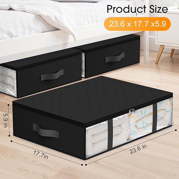 StorageRight Under Bed Storage Bags 10 Pack, 40L Large Clothes & Comforter Storage Containers with Clear Window, Breathable Fabric Organizer for Blankets, Bedding, Seasonal Clothing, Black