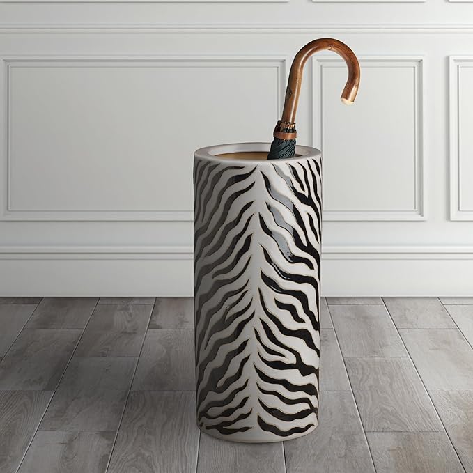 Emissary Home and Garden 19.5 in. H Round Ceramic Umbrella Stand in Black/White with High-fire treatment