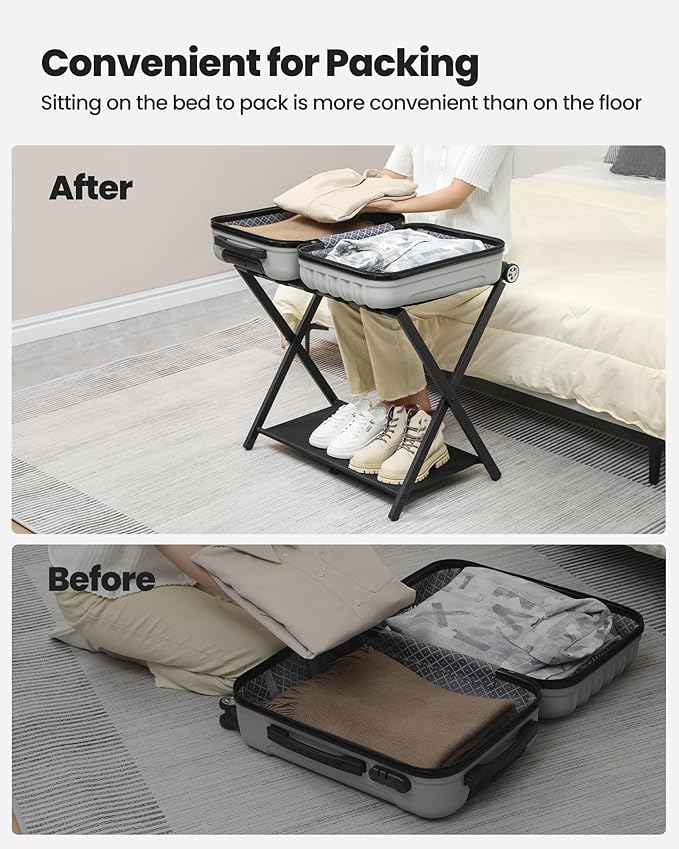 Luggage Rack, Folding Suitcase Stand for Guest, Foldable, Luggage Holders with Shelf, Steel Frame with Nylon Straps for Bedroom, Hotel, Holds up to 154 lb, Black, 2 Pack LR03901B