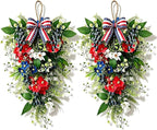 2 Pack 21'' Patriotic Teardrop Swag Wreaths Artificial 4th of July Hanging Swag for Cabinets Red White Blue Floral Navy Blue Berries for Independence Day Memorial Day Front Door Porch Window Wall