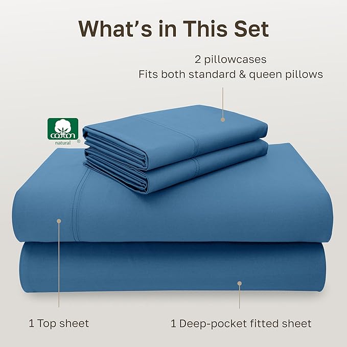 California Design Den Natural 100% Cotton Bed Sheets Queen Size Set - Luxury 600 Thread Count Sateen, Durable Hotel Quality Fully Elasticized Deep Pocket Bedsheets Queen Size Bed - Parisian Blue