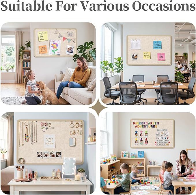 Bulletin Board, 48 x 36 inches Decorative Felt Board Foldable Photo Board Pin Boards, Cork Board Alternative for Walls, Office, Home, Classroom with Pushpins ＆ Small Storage Bag, Beige