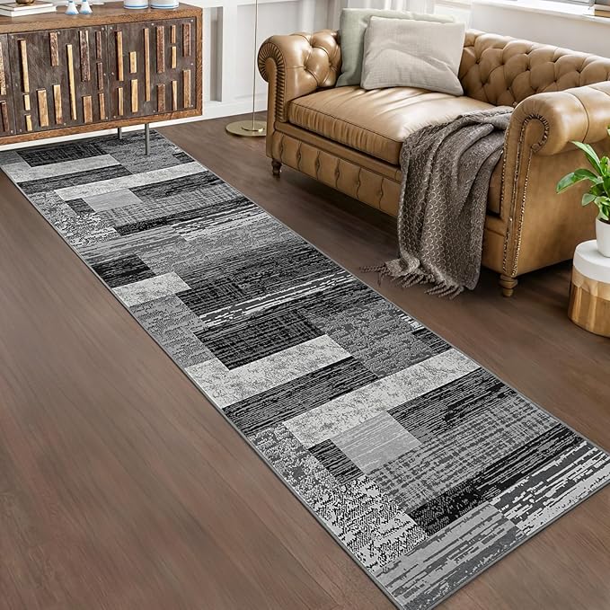 FlyDOIT Modern Geometric Patchwork Area Rug, 2.7x10 Grey Runner Rugs for Living Room, Rockwood Collection Indoor Rugs for Bedroom, Throw Carpet Floor Decor for Entryway Dining Room Office Nursery