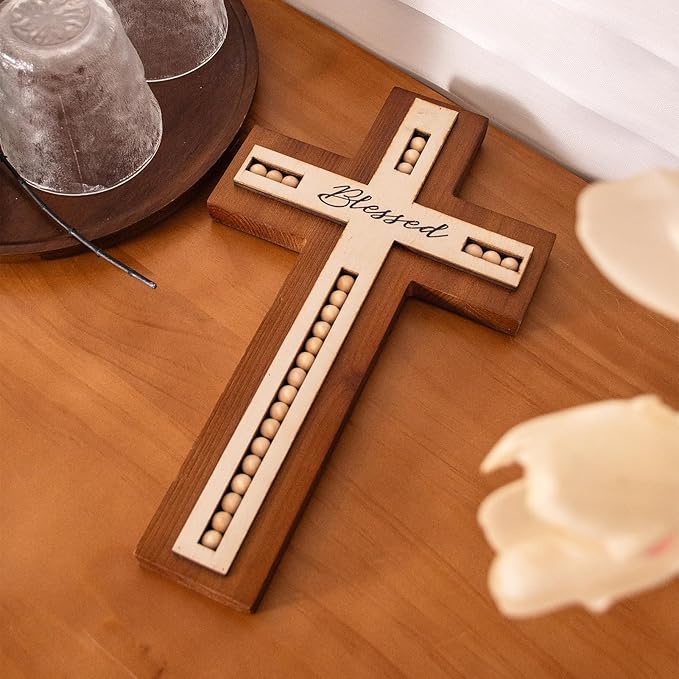 OKSQW Wall Wooden Cross Christians Cross Spiritual Religious Gifts With Hook on Hanging Wall Or Table With Blessed and Wood Bead for Church Home Room Decoration for Christmas