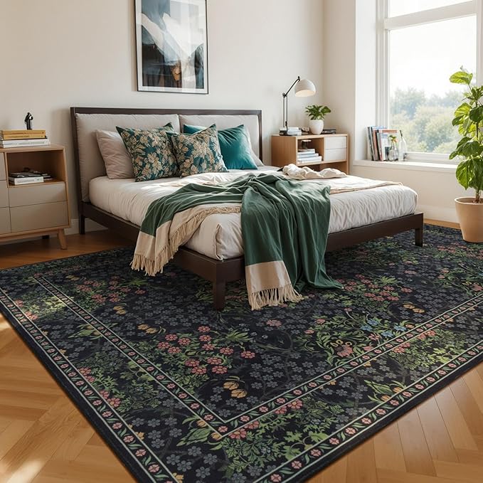 Lessymo Area Rugs 9x12 Living Room, Soft Washable Rug for Bedroom Dining Room Nursery Farmhouse, Boho Non Slip Low Plie Large Carpet Vintage Moody Dark Boho Flower, Black Green