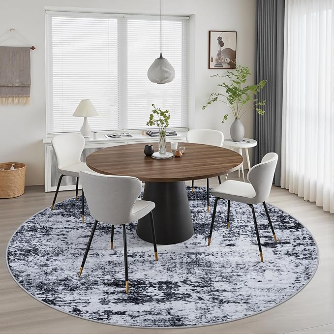 Round Area Rug for Living Room: 5 ft Washable Modern Abstract Soft Thin Rug Indoor Floor No Slip Stain Resistant Carpet for Bedroom Dining Room Farmhouse Nursery Home Office - Black