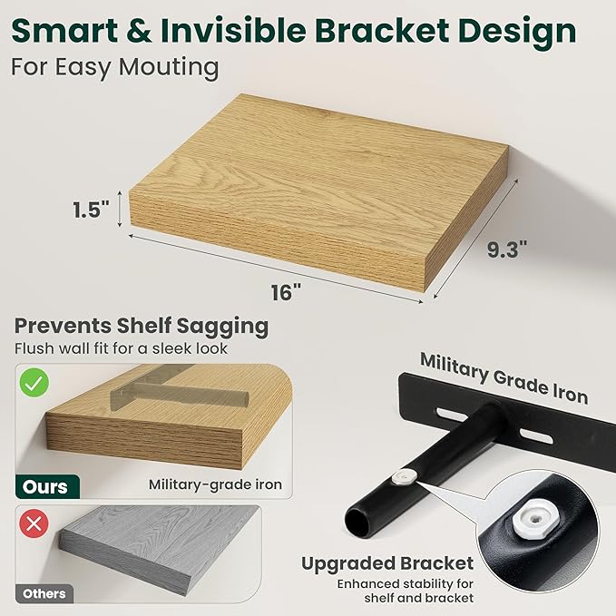 Floating Shelves for Wall 16 in x 9.3 in Deep, Wall Mounted Rustic Wood Shelf with Invisible Brackets for Storage & Display, Living Room Bedroom Bathroom, Oak, 2 Pack