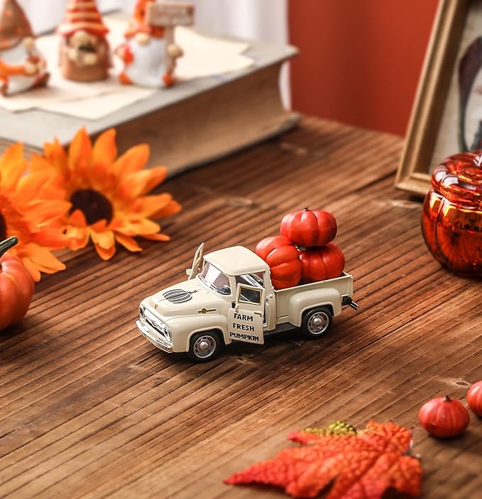 Thanksgiving Fall Pumpkin Truck Decor Mini Harvest Metal Farm Truck with 3 Pumpkins | Vintage Diecast Model for Tiered Tray Home Décor 4.8 inches