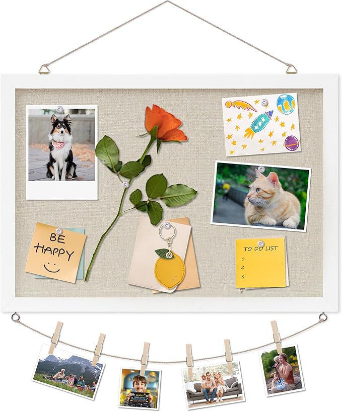 DAHAPYBOO Cork Board with Linen White,Bulletin Board 17"x12" Hanging Corkboards for Office Home School Message Board or Vision Board Decoration.