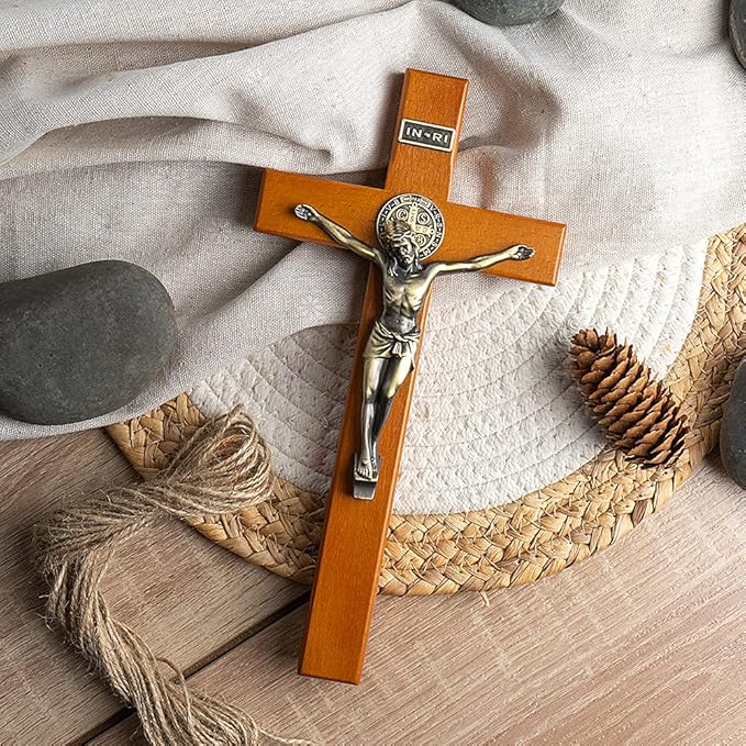KUXBET Crucifix Wall Cross Wooden Jesus Christ Catholic Hanging Wall Cross for Home Decor 10 Inch Cross For Wall Golden Oak (10" L x 4.9" W)