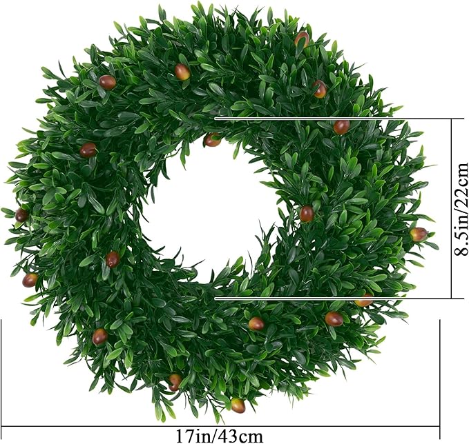 SHACOS Olive Greenery Wreath 17" Artificial Boxwood Front Door Wreaths for Home Wall Window Farmhouse Decoration 100% Plastic Indoor Outdoor