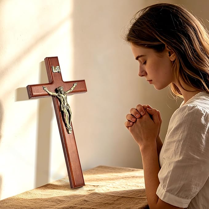 SISSIDA Crucifix Wall Cross, 12 Inch Catholic Crucifix for Wall Decor, Handmade Wooden Cross for Wall with Jesus Christ and INRI - Dark Brown & Antique Brass