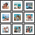 Vittanly 12x12 Picture Frames Set of 9, Shatter Resistant Plexiglass, Display 8x8 Pictures with Mat or 12x12 without Mat, Photo Frames for Wall Mount, Engineered Wood, Black