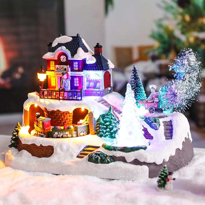 WONDER GARDEN Christmas Village Houses-Christmas Houses Village - Lighted Musical Railway Station Moving Train Town Sets with Revolving Acrylic Trees Animated Figurines for Indoor Decor or Gift
