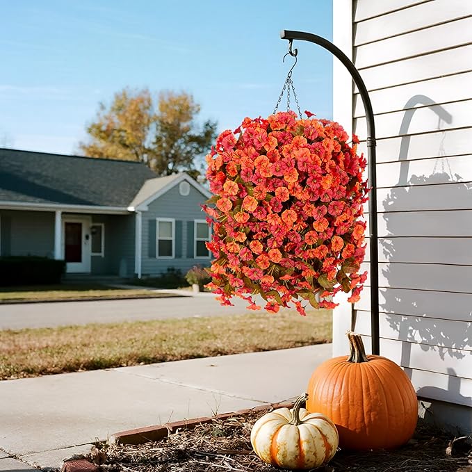 Artificial Fall Hanging Flowers for Outdoors Decoration, 2PCS Fake Plants Faux Realistic Silk Morning Glory Long Vines UV Resistant for Autumn Outside Porch Patio Balcony Yard Planter, OrangeRed