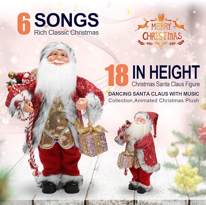 Gfilay 18 Inch Animated Plush Santa Figurine with Music and Movement, Collectible Red Sequin Coat Christmas Decoration, Singing Dancing Santa Claus Holiday Centerpiece Gift for Home or Store