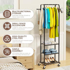 Heavy Duty Clothing Rack with Wheels, Modern Garment Rack with 3 Metal Shelves, Black