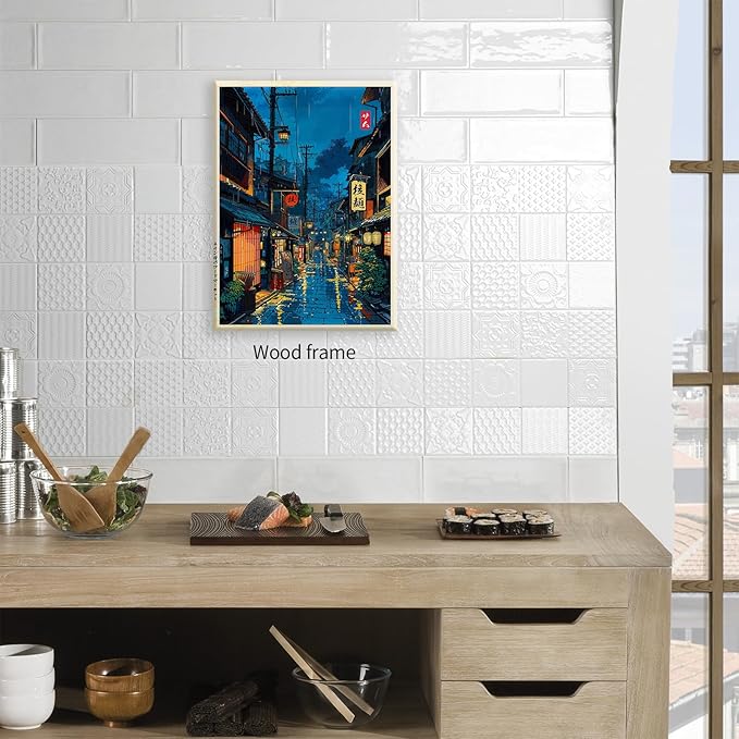 Japanese Tokyo Tea House Framed Canvas Wall Art Japanese City Street Cafe Scene Picture Print Modern Ukiyo-e Decor Poster for Home Bedroom Decorations Artwork11x14in