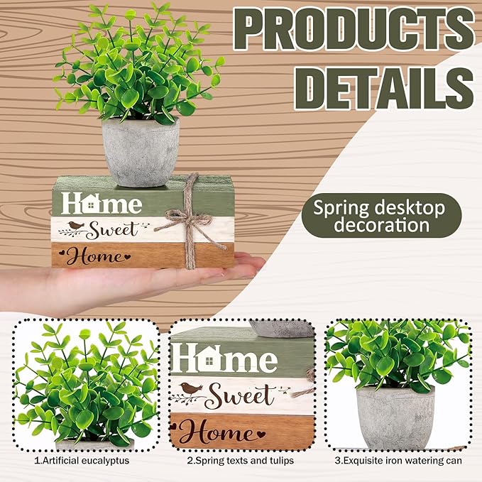 Wesiti 4 Pcs Spring Table Centerpieces with Fake Eucalyptus Pot Plant Home Sweet Home Decoration Farmhouse Tiered Tray Tabletop Decor Wooden Stack Book Block Sign for Desk Shelf Housewarming Gift
