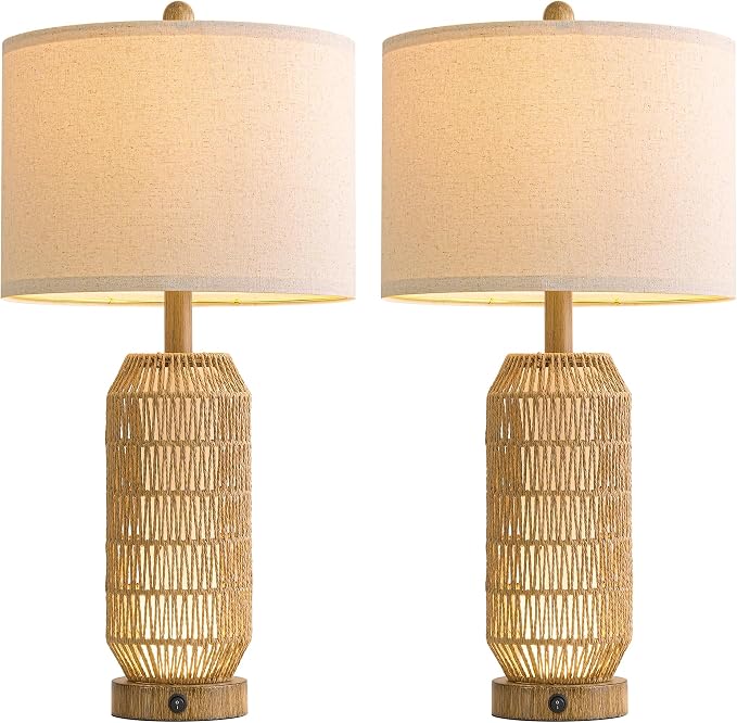 OYEARS 25" Table Lamps Set of 2 with Night Light,Bedside Lamps for Bedroom,Boho Lamps with USB C+A Charging Ports,Farmhouse Table Lamp with Rattan,Frosted Glass,Linen Shade (Wood Grain,Bulb Included)