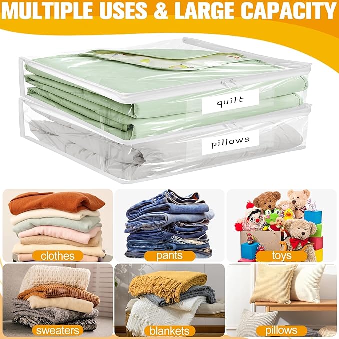 Kikerike Plastic Storage Bags with Easy-Glide Zipper, Pack of 8, Durable Clear Vinyl Zippered Storage Bags for Clothes Sweaters Comforters Blankets Sheets Bedding (15 x 12 x 5 Inch)
