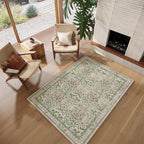 Vintage Washable Area Rug 4x6, Beige & Blue Low Pile Non-Slip Stain Resistant, Distressed Retro for Bedroom Under Bed, Living Room, Nursery, Kitchen & Entryway